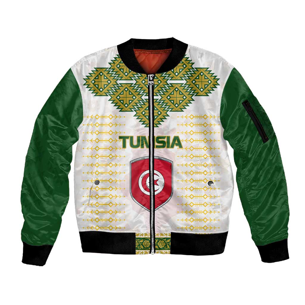 Tunisia Flag Sleeve Zip Bomber Jacket with National Crest and Emblem