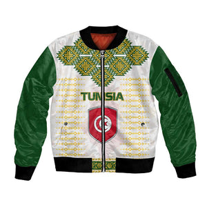 Tunisia Flag Sleeve Zip Bomber Jacket with National Crest and Emblem