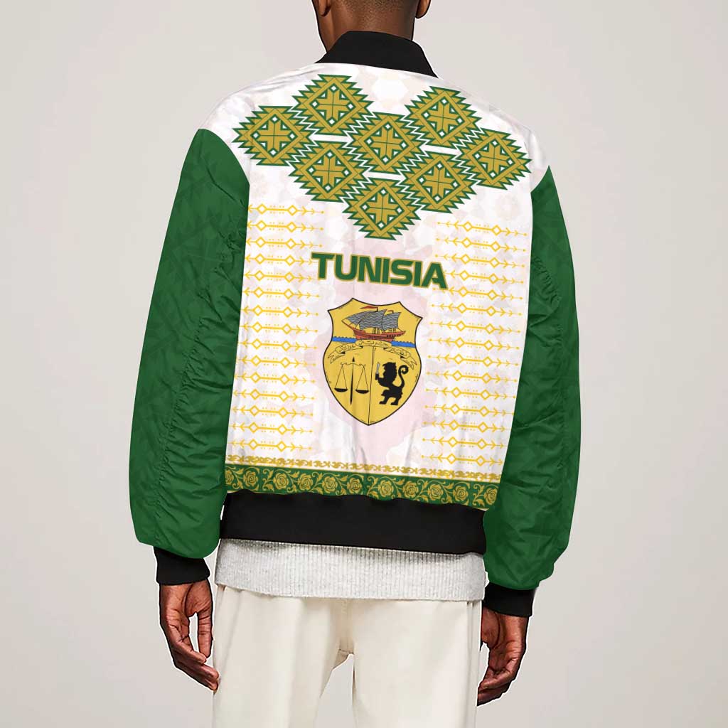 Tunisia Flag Sleeve Zip Bomber Jacket with National Crest and Emblem