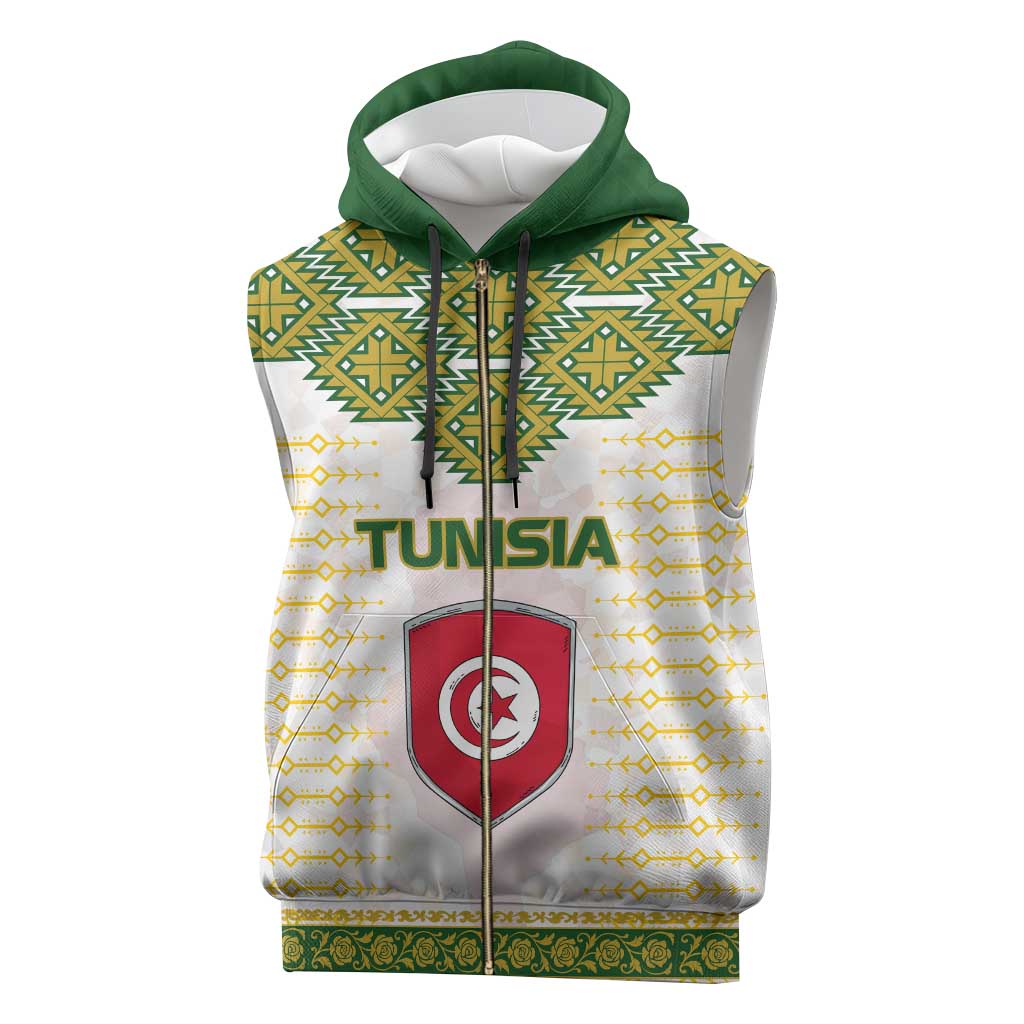 Tunisia Flag Sleeveless Zip Hoodie with National Crest and Emblem - African Pride