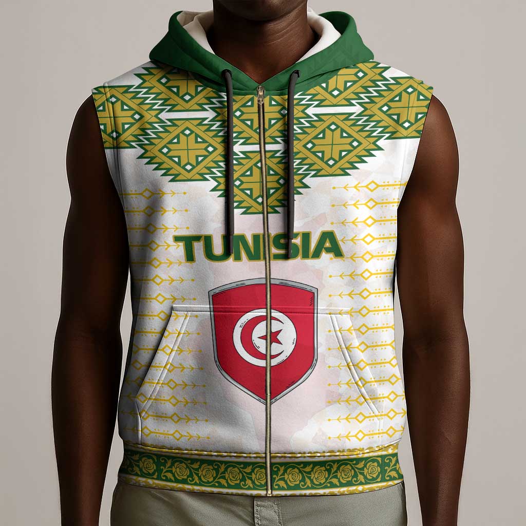 Tunisia Flag Sleeveless Zip Hoodie with National Crest and Emblem - African Pride
