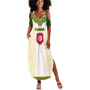 Tunisia Flag Summer Maxi Dress with National Crest and Emblem