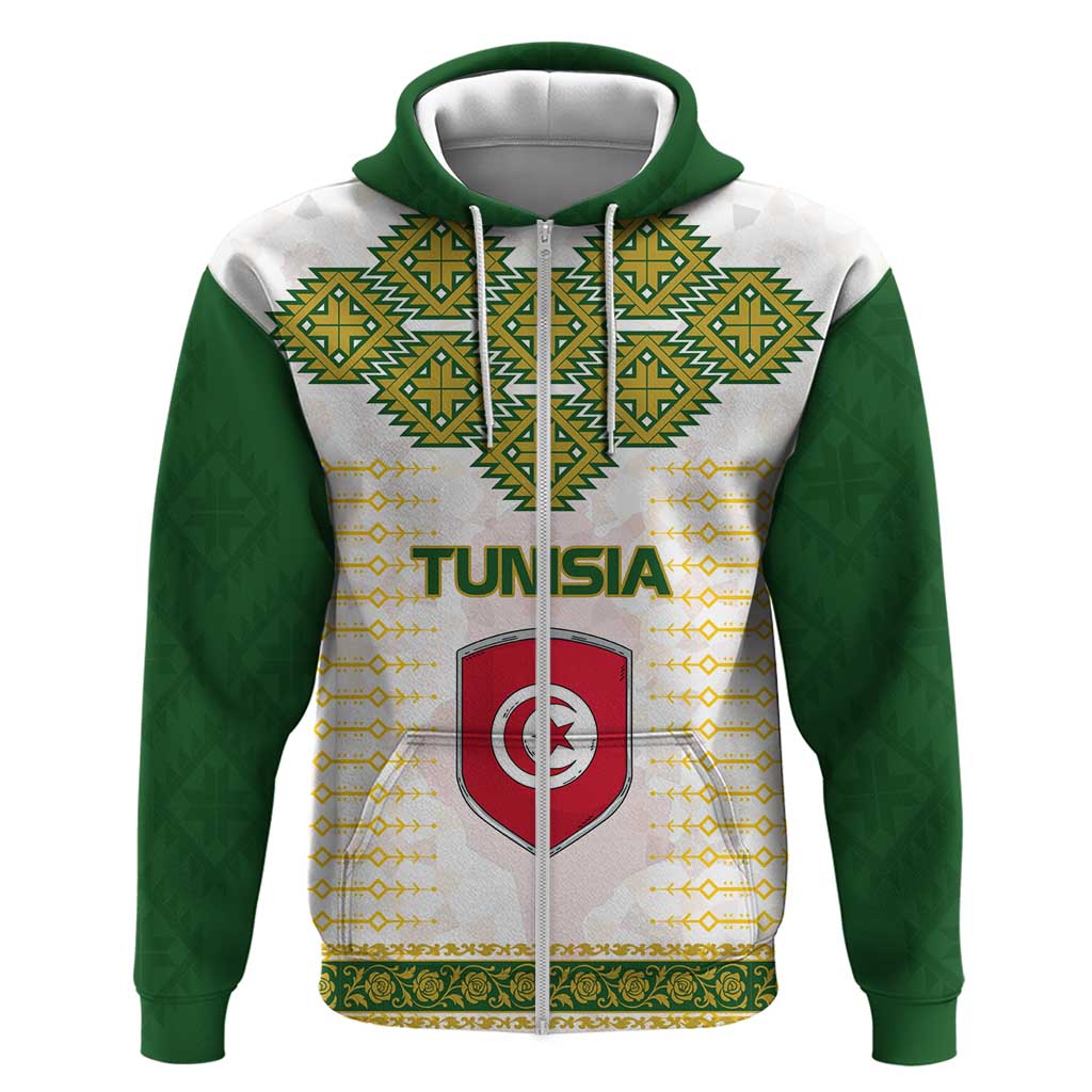 Tunisia Flag Zip Hoodie with National Crest and Emblem