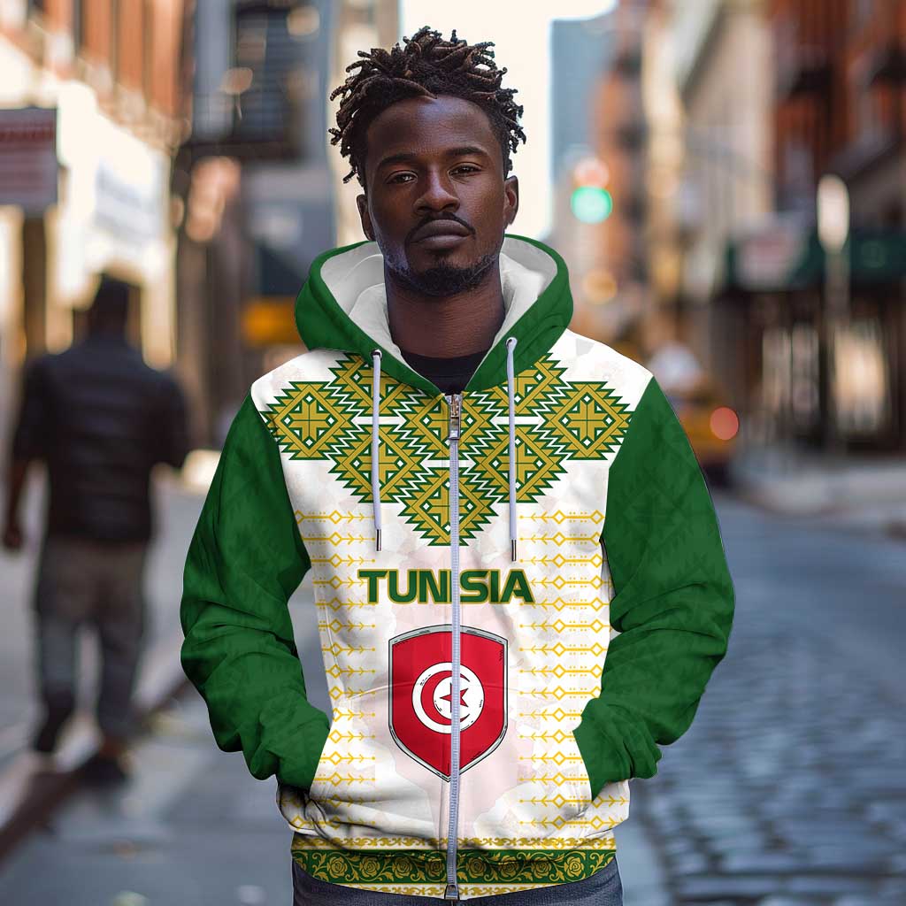 Tunisia Flag Zip Hoodie with National Crest and Emblem