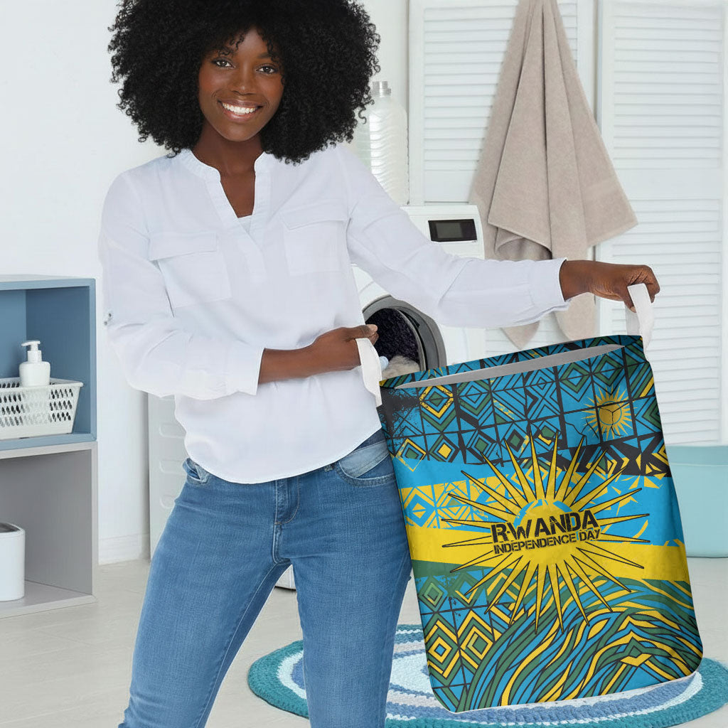 Rwanda Independence Day Laundry Basket Tribal Geometric Pattern - National Coat Of Arms And Sunburst