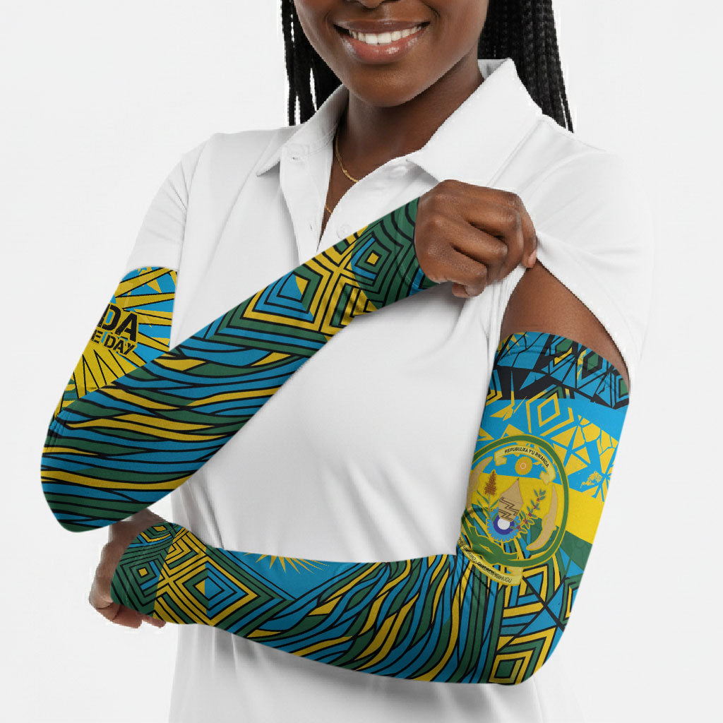 Rwanda Independence Day Arm Sleeves Tribal Geometric Pattern - National Coat Of Arms And Sunburst