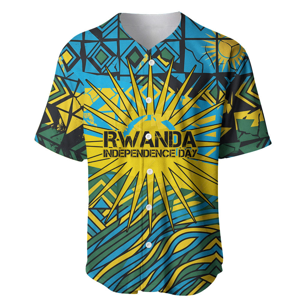 Rwanda Independence Day Baseball Jersey Tribal Geometric Pattern - National Coat Of Arms And Sunburst
