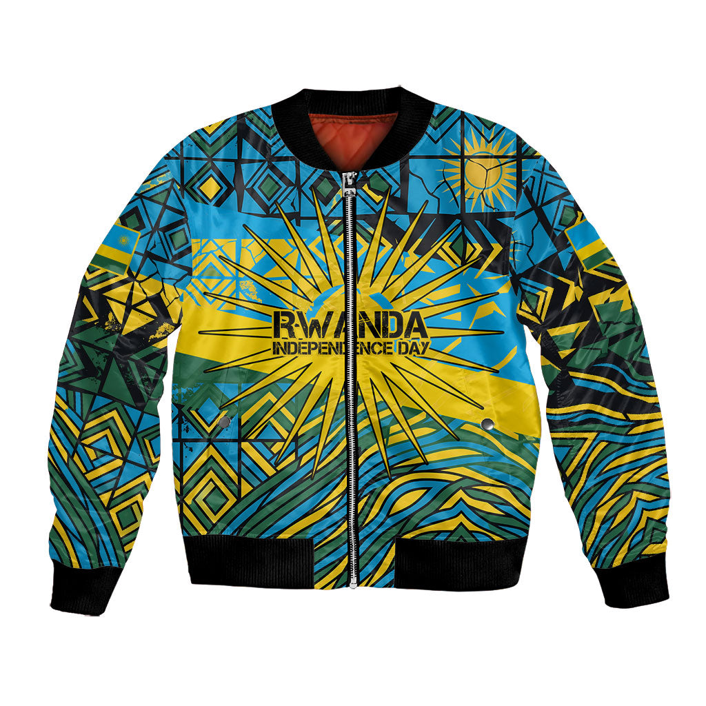 Rwanda Independence Day Bomber Jacket Tribal Geometric Pattern - National Coat Of Arms And Sunburst