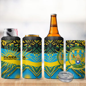 Rwanda Independence Day 4 in 1 Can Cooler Tumbler Tribal Geometric Pattern - National Coat Of Arms And Sunburst