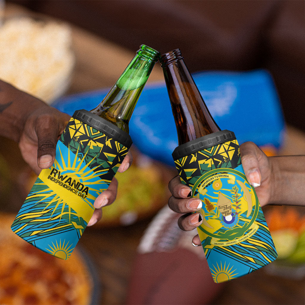 Rwanda Independence Day 4 in 1 Can Cooler Tumbler Tribal Geometric Pattern - National Coat Of Arms And Sunburst