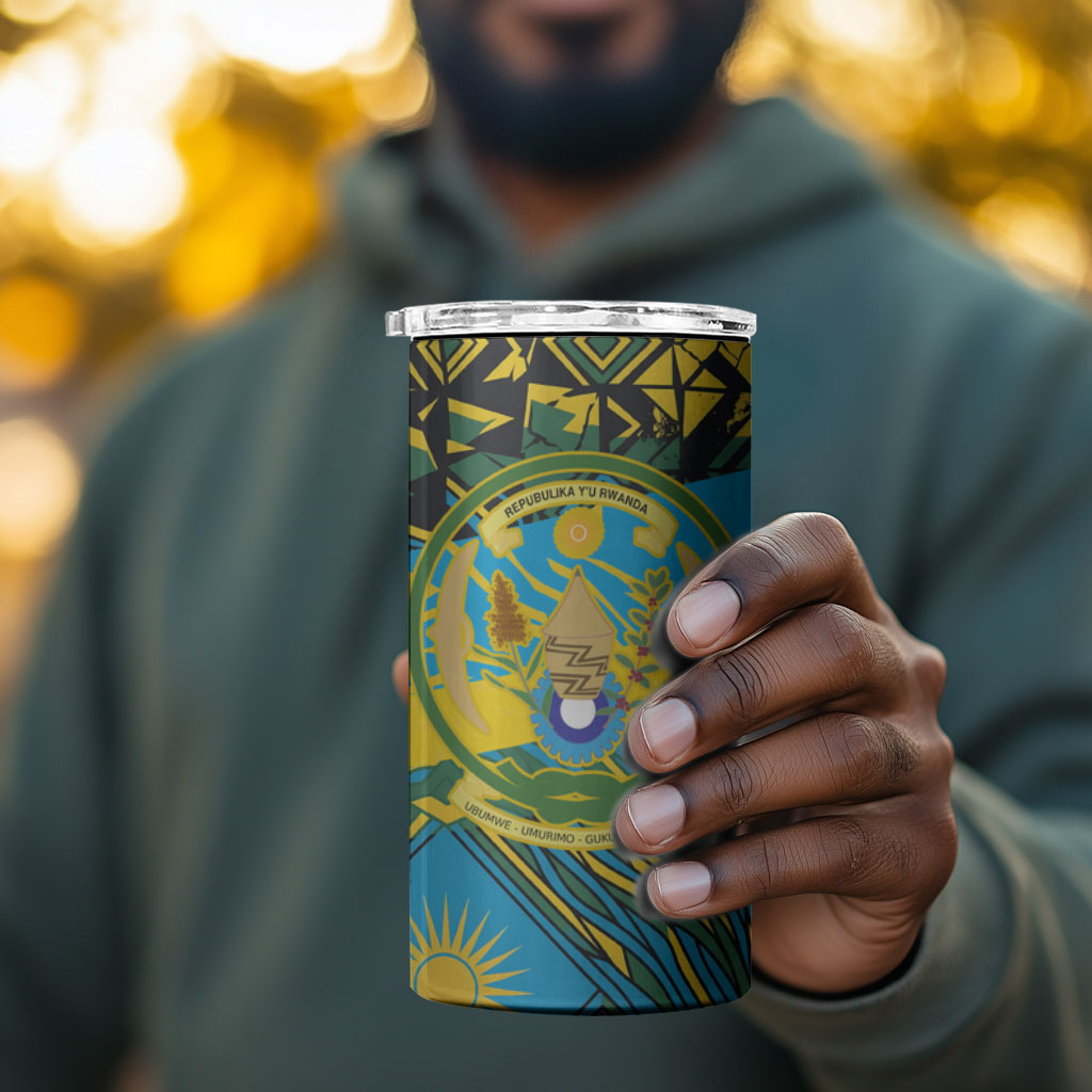 Rwanda Independence Day 4 in 1 Can Cooler Tumbler Tribal Geometric Pattern - National Coat Of Arms And Sunburst