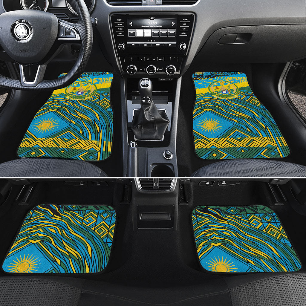 Rwanda Independence Day Car Mats Tribal Geometric Pattern - National Coat Of Arms And Sunburst