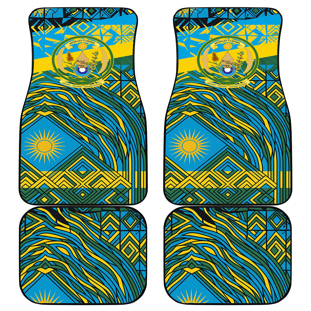 Rwanda Independence Day Car Mats Tribal Geometric Pattern - National Coat Of Arms And Sunburst