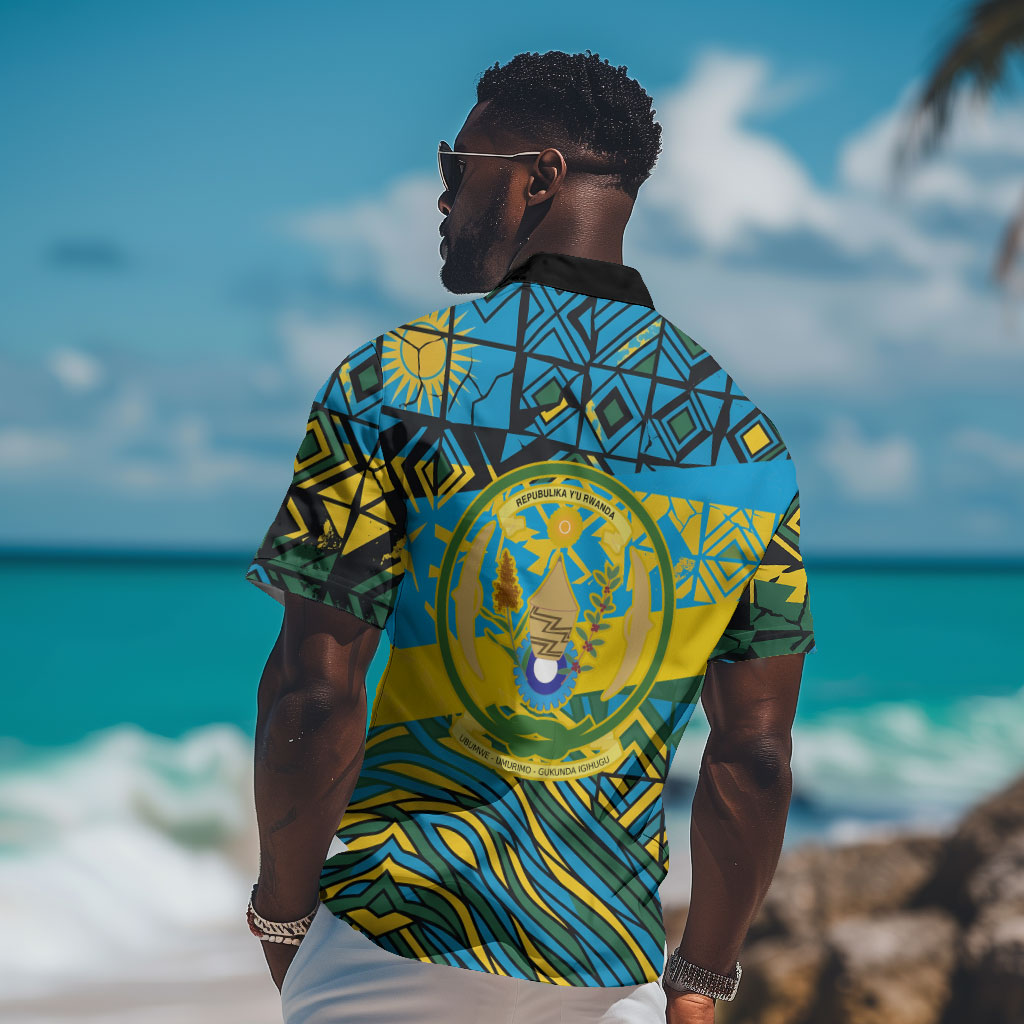 Rwanda Independence Day Hawaiian Shirt Tribal Geometric Pattern - National Coat Of Arms And Sunburst