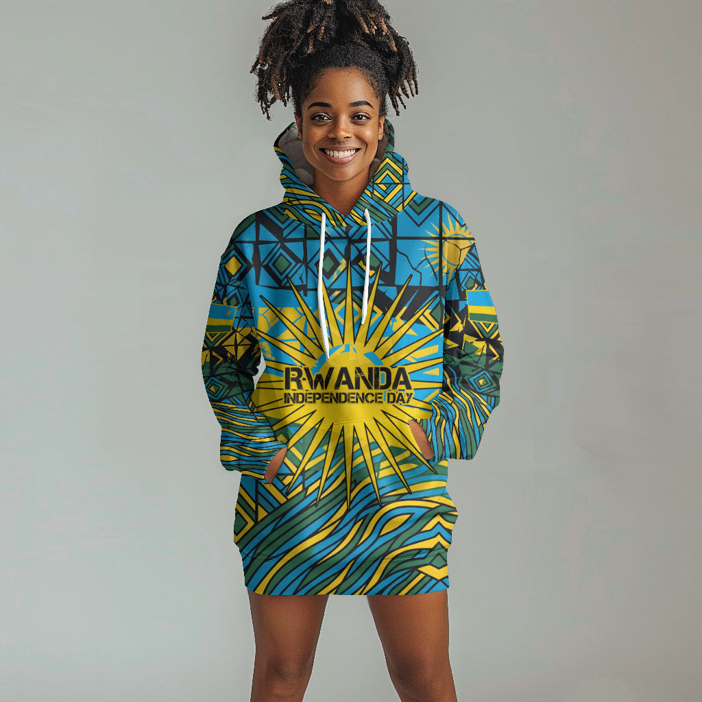 Rwanda Independence Day Hoodie Dress Tribal Geometric Pattern - National Coat Of Arms And Sunburst