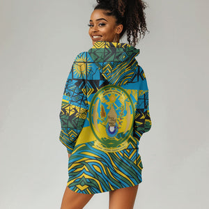 Rwanda Independence Day Hoodie Dress Tribal Geometric Pattern - National Coat Of Arms And Sunburst