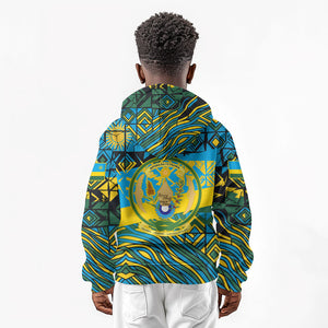 Rwanda Independence Day Kid Hoodie Tribal Geometric Pattern - National Coat Of Arms And Sunburst