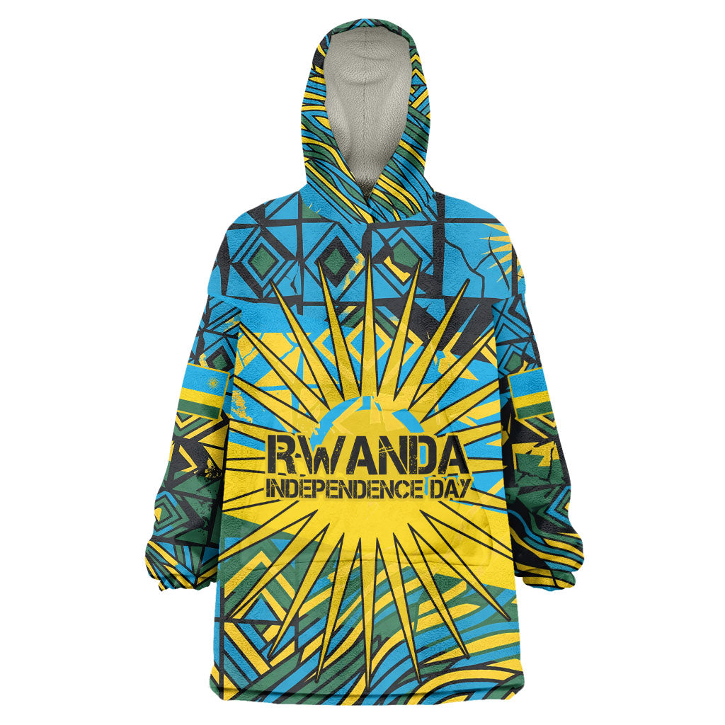 Rwanda Independence Day Kid Wearable Blanket Hoodie Tribal Geometric Pattern - National Coat Of Arms And Sunburst