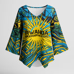 Rwanda Independence Day Kimono Sleeve Blouse Tribal Geometric Pattern - National Coat Of Arms And Sunburst