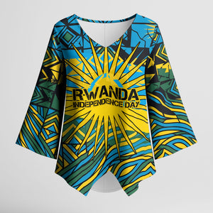 Rwanda Independence Day Kimono Sleeve Blouse Tribal Geometric Pattern - National Coat Of Arms And Sunburst