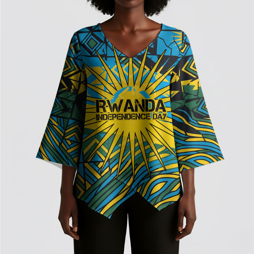 Rwanda Independence Day Kimono Sleeve Blouse Tribal Geometric Pattern - National Coat Of Arms And Sunburst