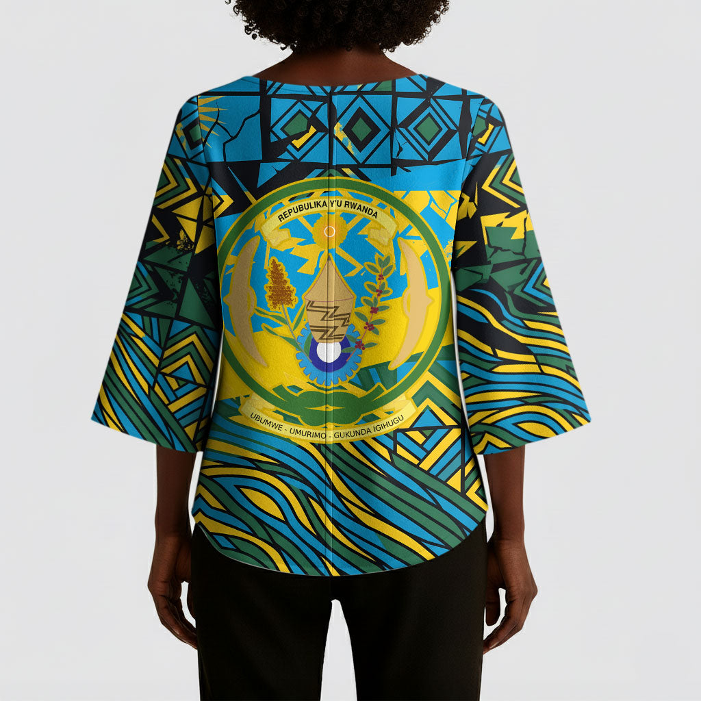 Rwanda Independence Day Kimono Sleeve Blouse Tribal Geometric Pattern - National Coat Of Arms And Sunburst