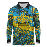 Rwanda Independence Day Long Sleeve Polo Shirt Tribal Geometric Pattern - National Coat Of Arms And Sunburst