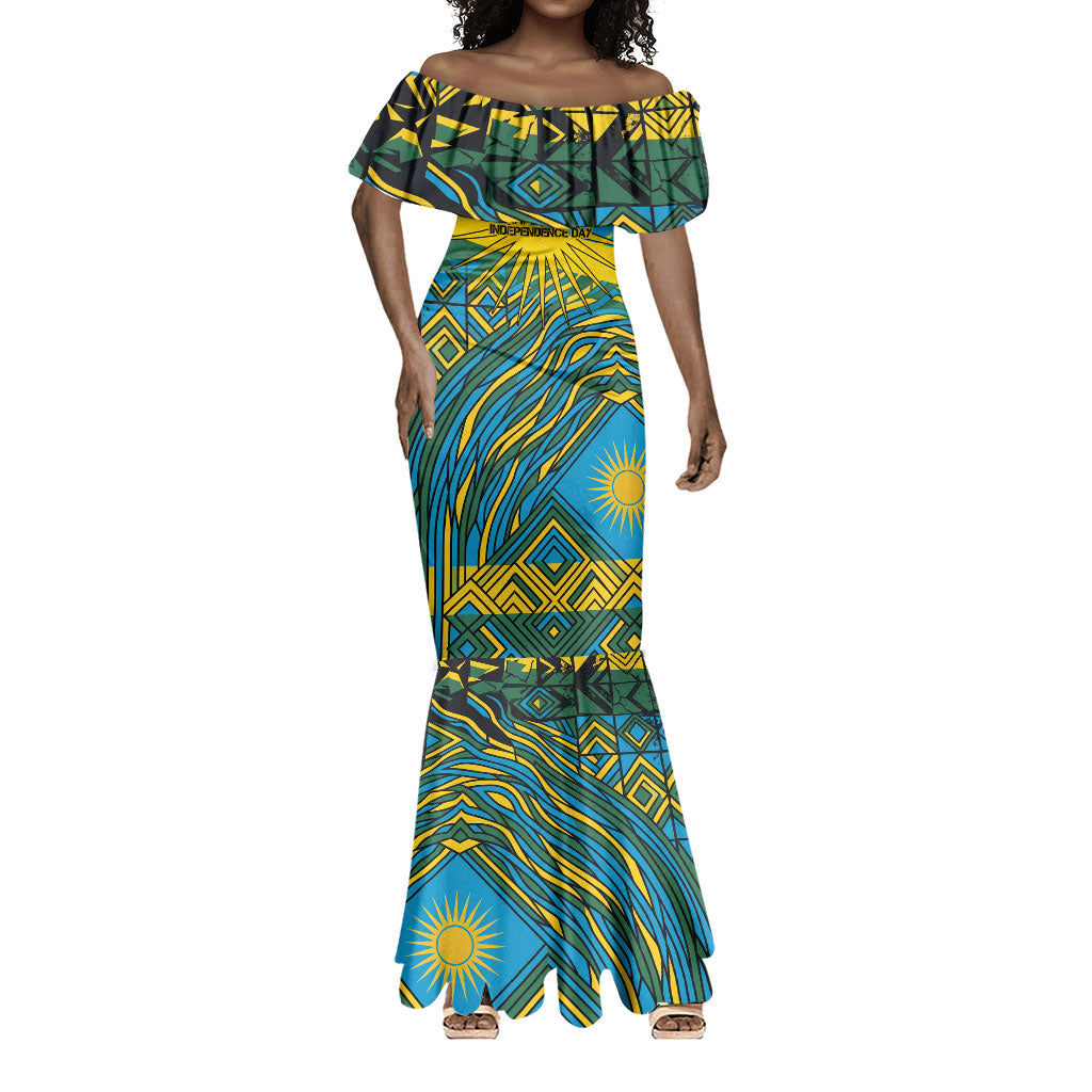 Rwanda Independence Day Mermaid Dress Tribal Geometric Pattern - National Coat Of Arms And Sunburst