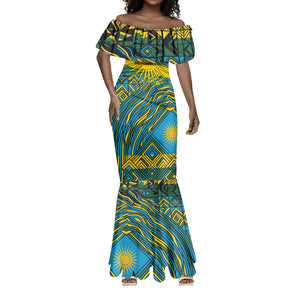 Rwanda Independence Day Mermaid Dress Tribal Geometric Pattern - National Coat Of Arms And Sunburst