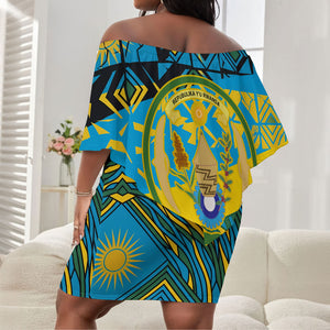 Rwanda Independence Day Off Shoulder Short Dress Tribal Geometric Pattern - National Coat Of Arms And Sunburst