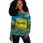 Rwanda Independence Day Off Shoulder Sweater Tribal Geometric Pattern - National Coat Of Arms And Sunburst