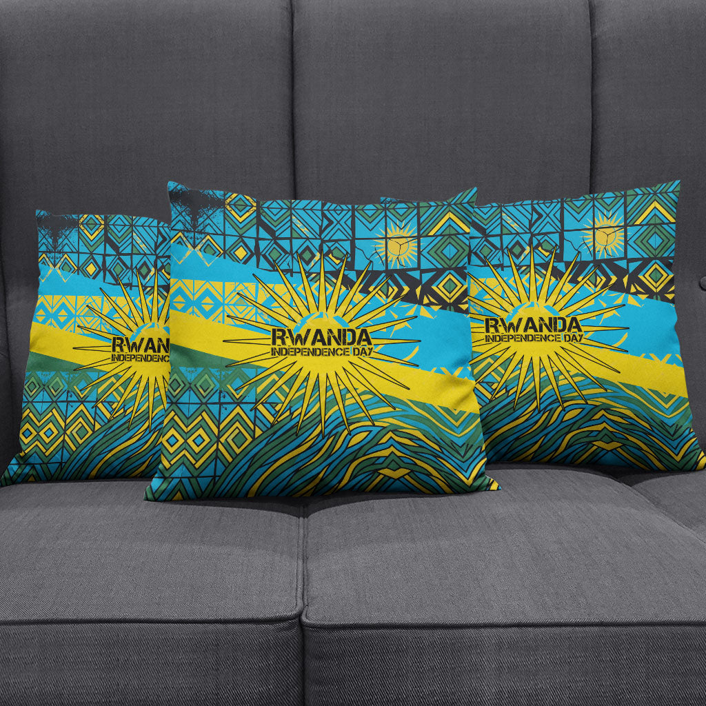 Rwanda Independence Day Pillow Cover Tribal Geometric Pattern - National Coat Of Arms And Sunburst