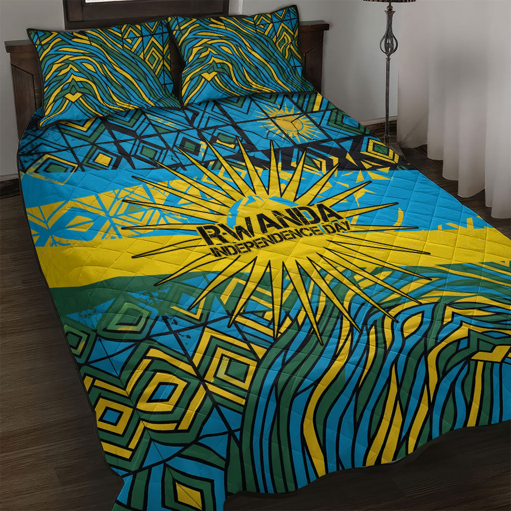 Rwanda Independence Day Quilt Bed Set Tribal Geometric Pattern - National Coat Of Arms And Sunburst