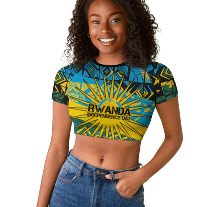 Rwanda Independence Day Raglan Cropped T shirt Tribal Geometric Pattern - National Coat Of Arms And Sunburst