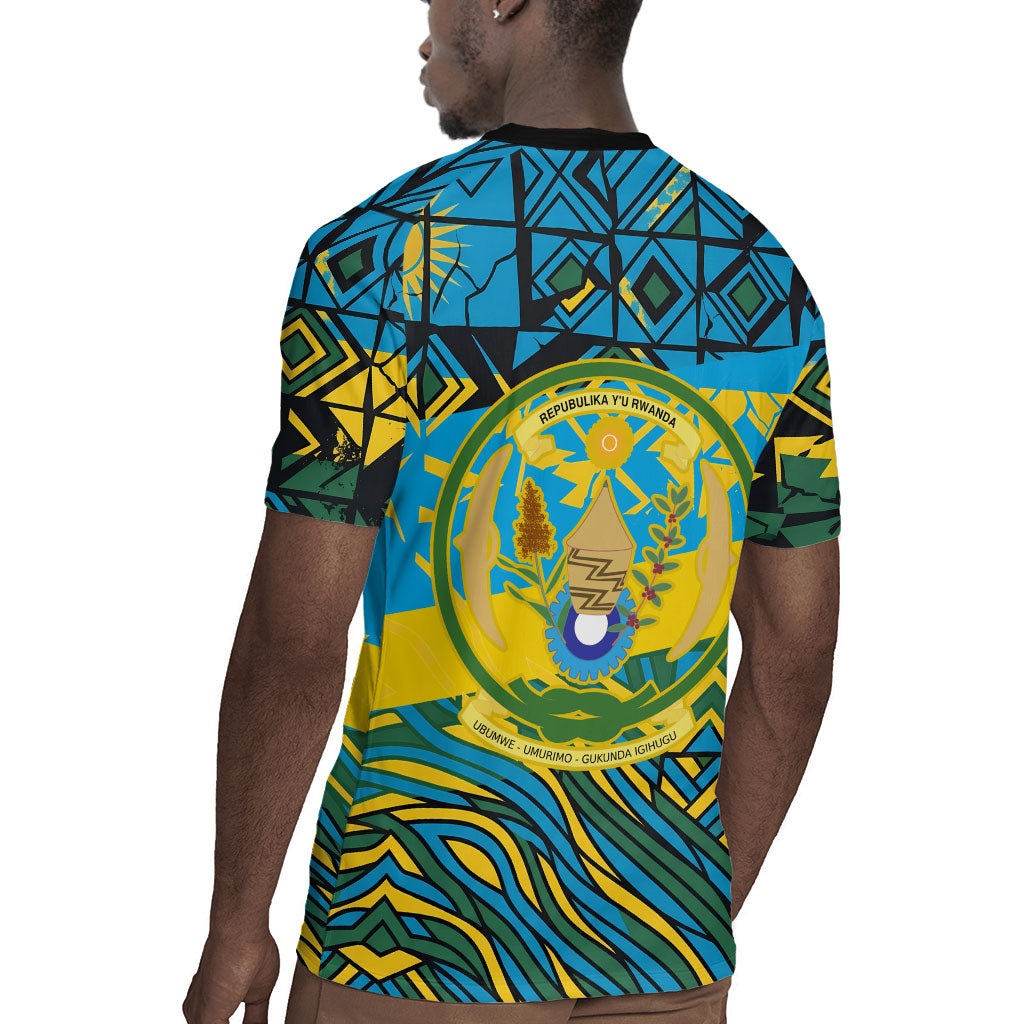 Rwanda Independence Day Rugby Jersey Tribal Geometric Pattern - National Coat Of Arms And Sunburst