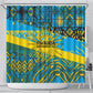 Rwanda Independence Day Shower Curtain Tribal Geometric Pattern - National Coat Of Arms And Sunburst