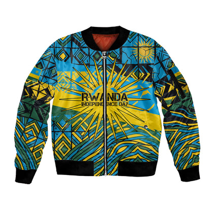 Rwanda Independence Day Sleeve Zip Bomber Jacket Tribal Geometric Pattern - National Coat Of Arms And Sunburst