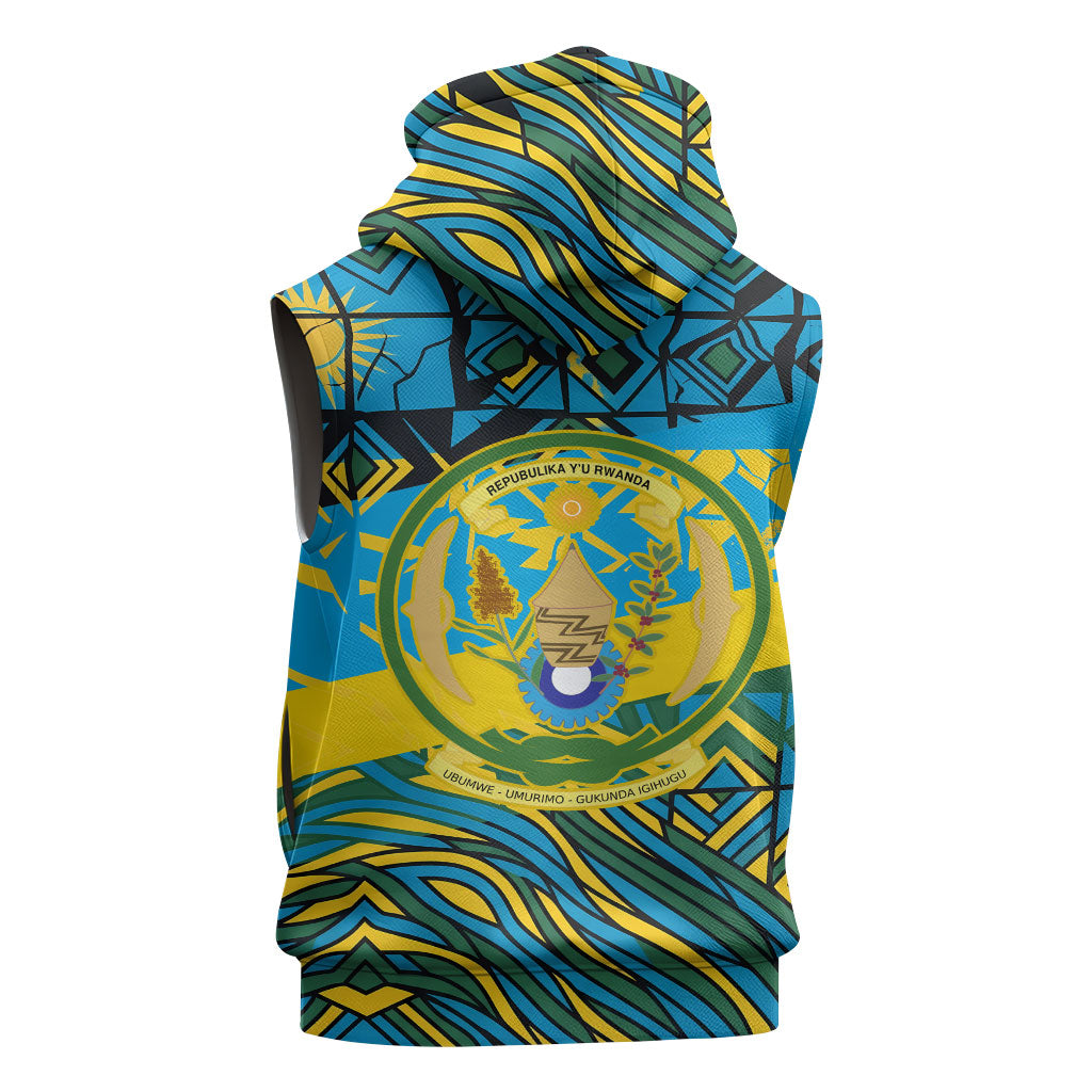 Rwanda Independence Day Sleeveless Hoodie Tribal Geometric Pattern - National Coat Of Arms And Sunburst