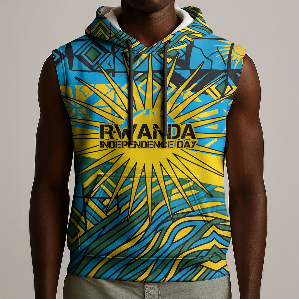 Rwanda Independence Day Sleeveless Hoodie Tribal Geometric Pattern - National Coat Of Arms And Sunburst