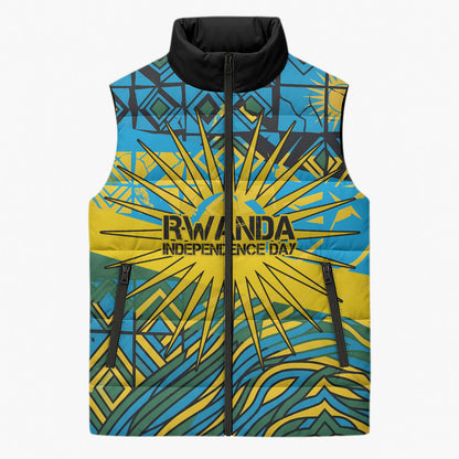 Rwanda Independence Day Sleeveless Puffer Jacket Tribal Geometric Pattern - National Coat Of Arms And Sunburst