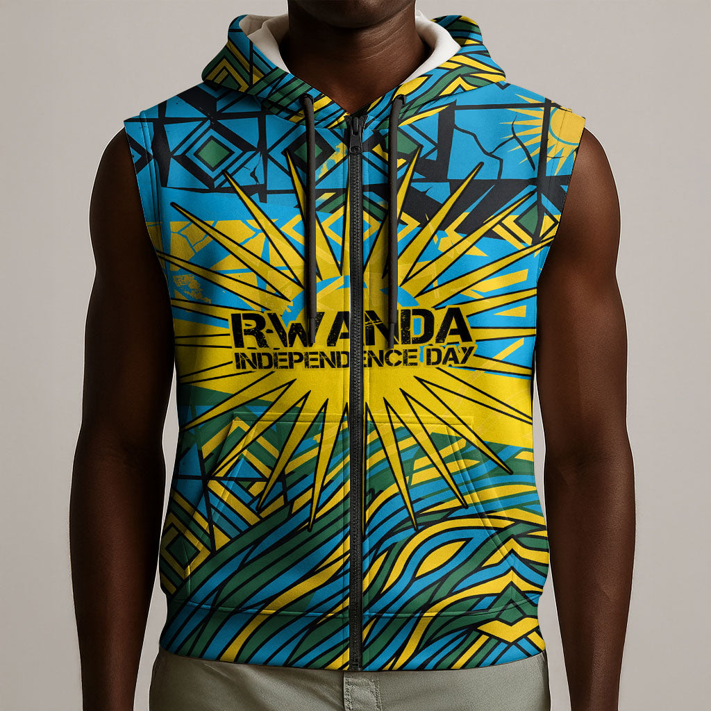 Rwanda Independence Day Sleeveless Zip Hoodie Tribal Geometric Pattern - National Coat Of Arms And Sunburst