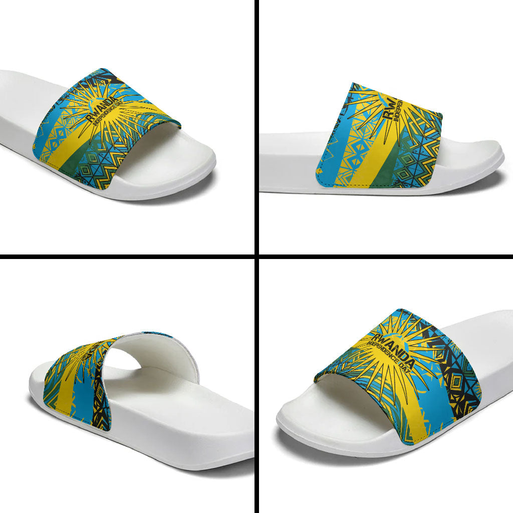 Rwanda Independence Day Slide Sandals Tribal Geometric Pattern - National Coat Of Arms And Sunburst