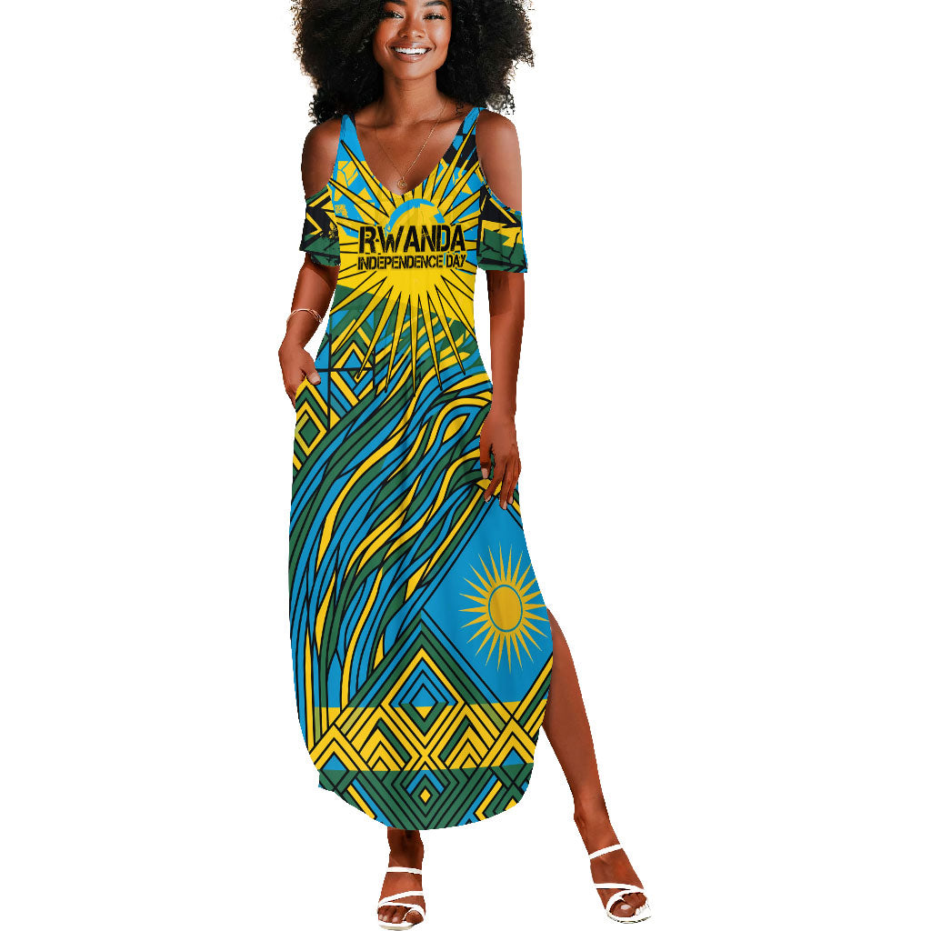 Rwanda Independence Day Summer Maxi Dress Tribal Geometric Pattern - National Coat Of Arms And Sunburst