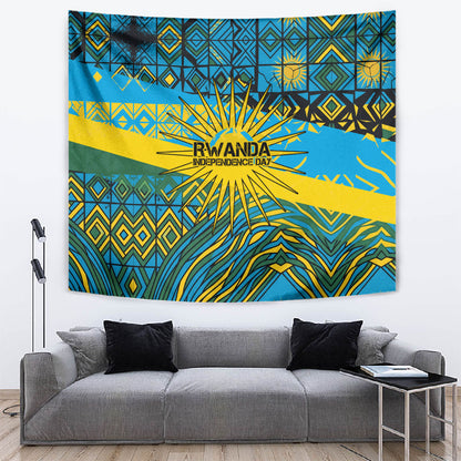 Rwanda Independence Day Tapestry Tribal Geometric Pattern - National Coat Of Arms And Sunburst