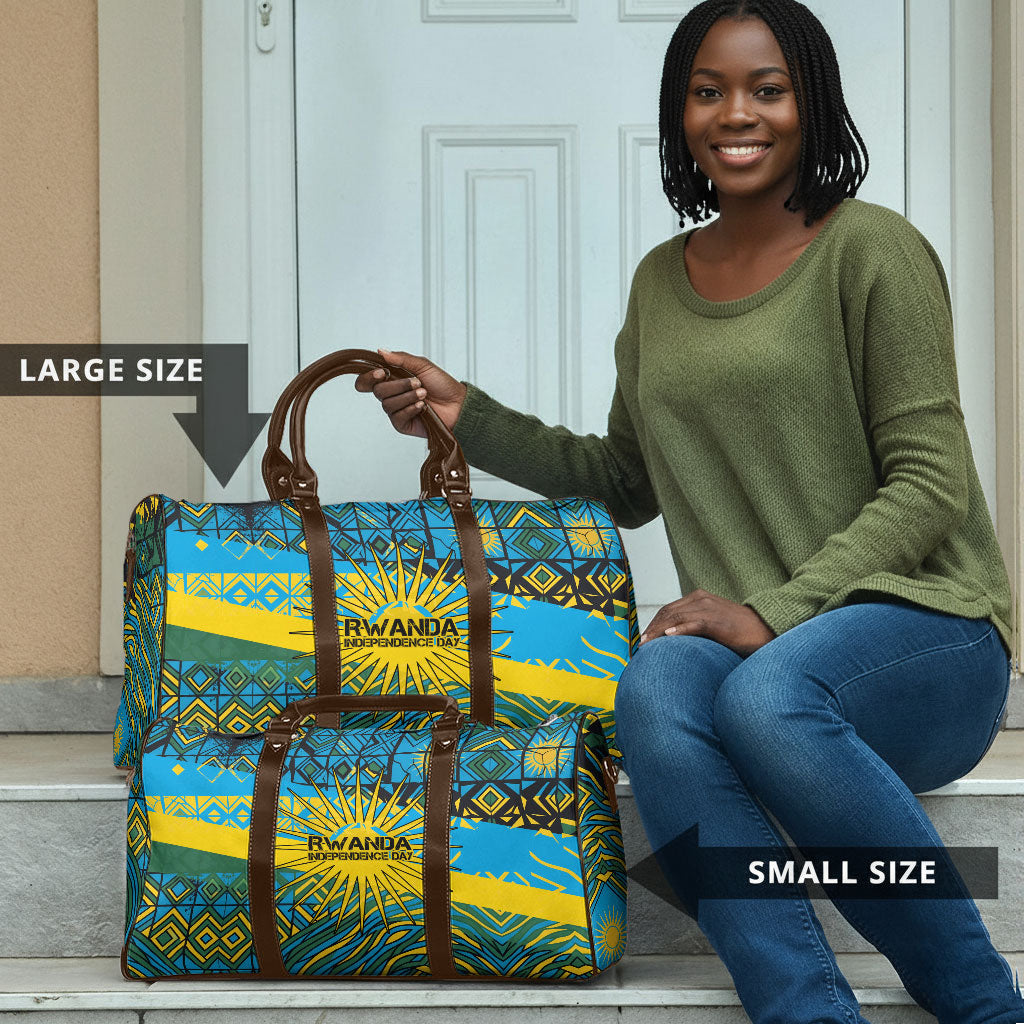 Rwanda Independence Day Travel Bag Tribal Geometric Pattern - National Coat Of Arms And Sunburst