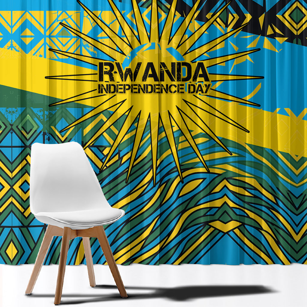 Rwanda Independence Day Window Curtain Tribal Geometric Pattern - National Coat Of Arms And Sunburst