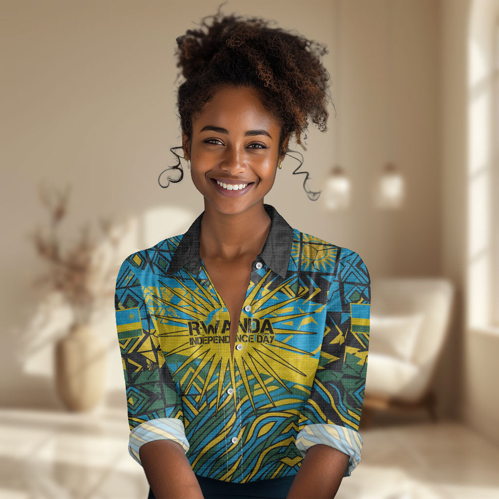 Rwanda Independence Day Women Casual Shirt Tribal Geometric Pattern - National Coat Of Arms And Sunburst