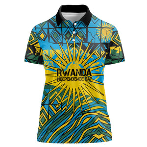 Rwanda Independence Day Women Polo Shirt Tribal Geometric Pattern - National Coat Of Arms And Sunburst