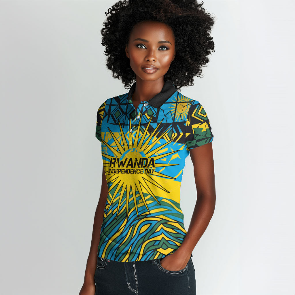 Rwanda Independence Day Women Polo Shirt Tribal Geometric Pattern - National Coat Of Arms And Sunburst