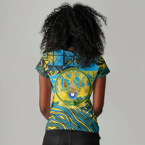 Rwanda Independence Day Women V-Neck T-Shirt Tribal Geometric Pattern - National Coat Of Arms And Sunburst